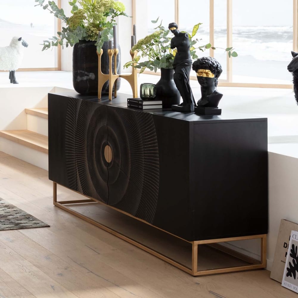 Sideboard mit 4 Türen aus Massivholz und Stahl, braun und schwarz