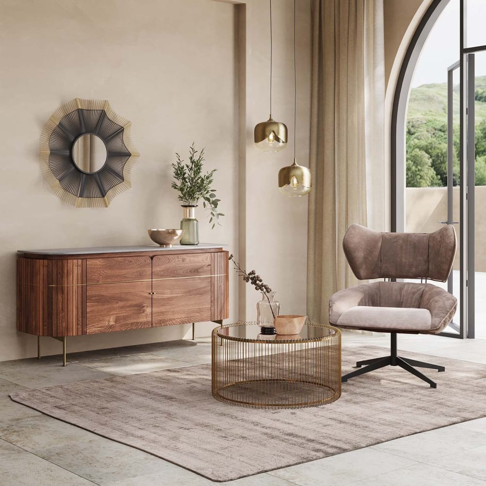 Sideboard mit 4 Türen aus Mango-Massivholz und Marmor, braun -
