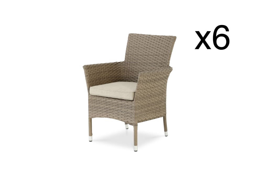 Defora Home 6er Set stapelbaren synthetischen Rattanstühlen mit Kissen style landhaus Braun Rattan