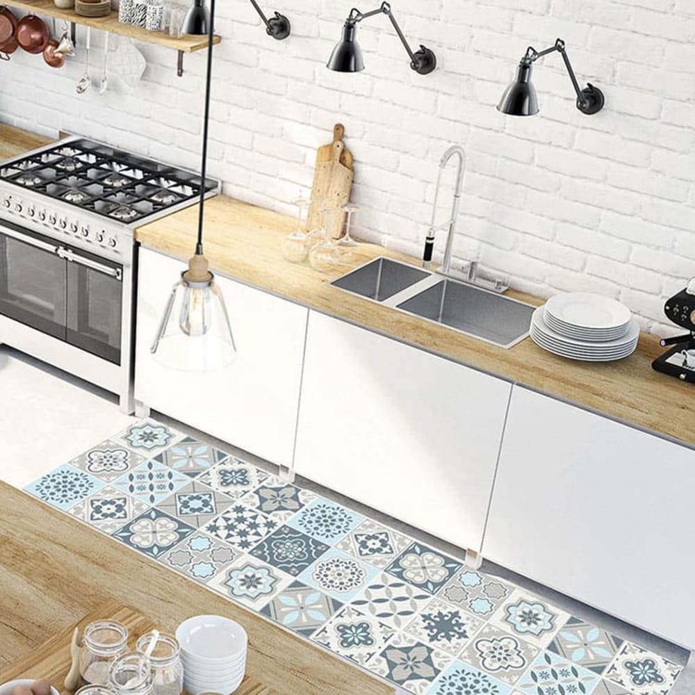 Vinylteppich mit blauen und grauen Mosaikmotiven 250x64cm -
