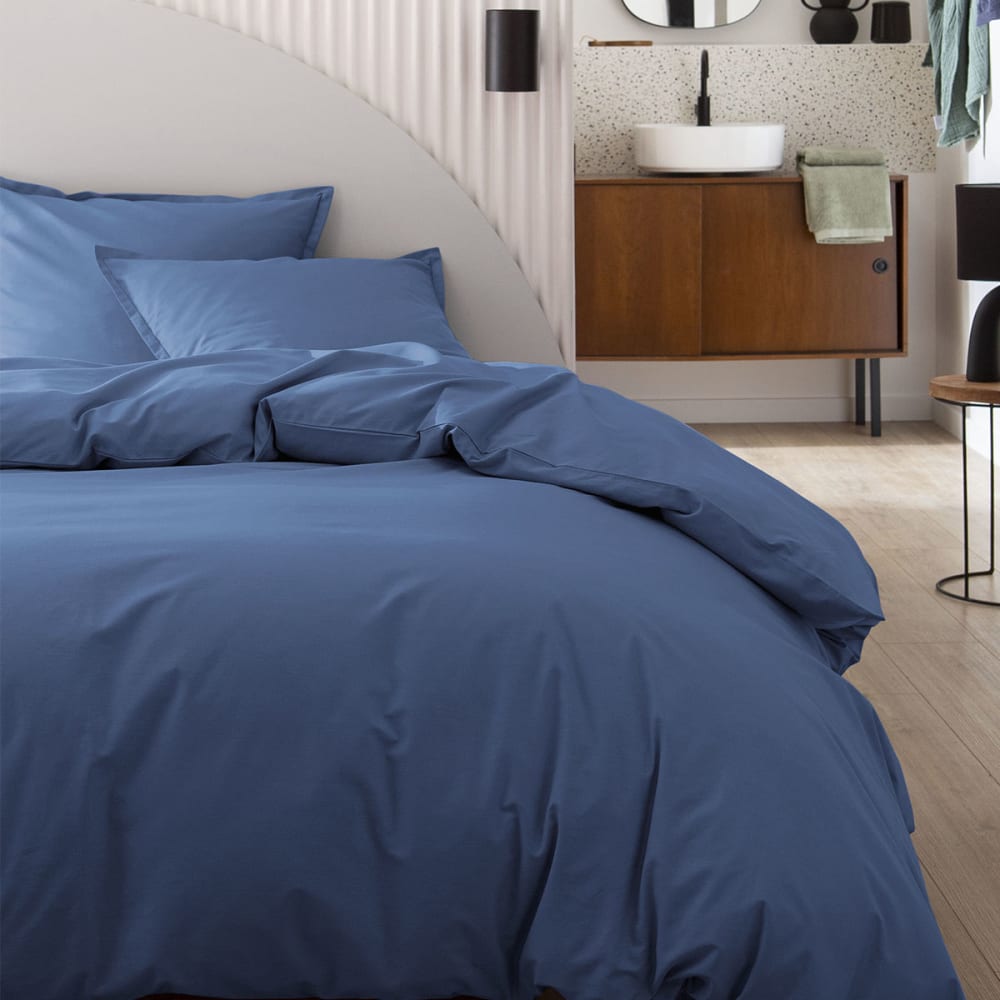 Drap housse en coton bleu denim 160x200 Made in France - Maisons du Monde