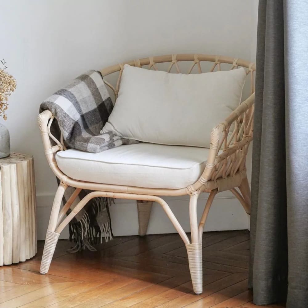 Fauteuil naturel en rotin avec coussins 80x75x77