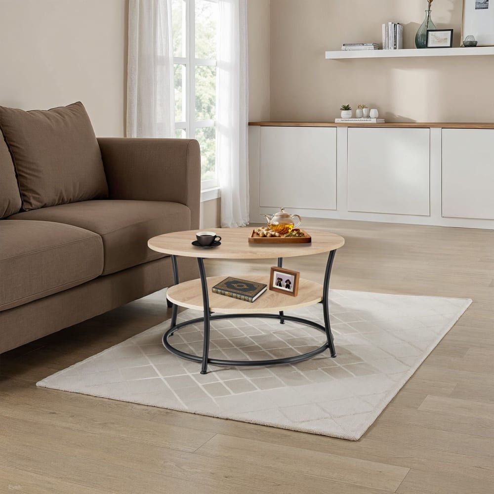 Tavolino da caffè rotondo con 2 ripiani legno chiaro - Marrone - Pannello di particelle