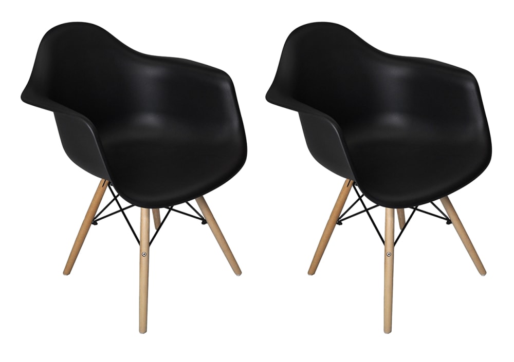 Sedia in plastica nera, poltrona con piedi in legno (2pz) - Modello Contemporaneo - Nero - Resina
