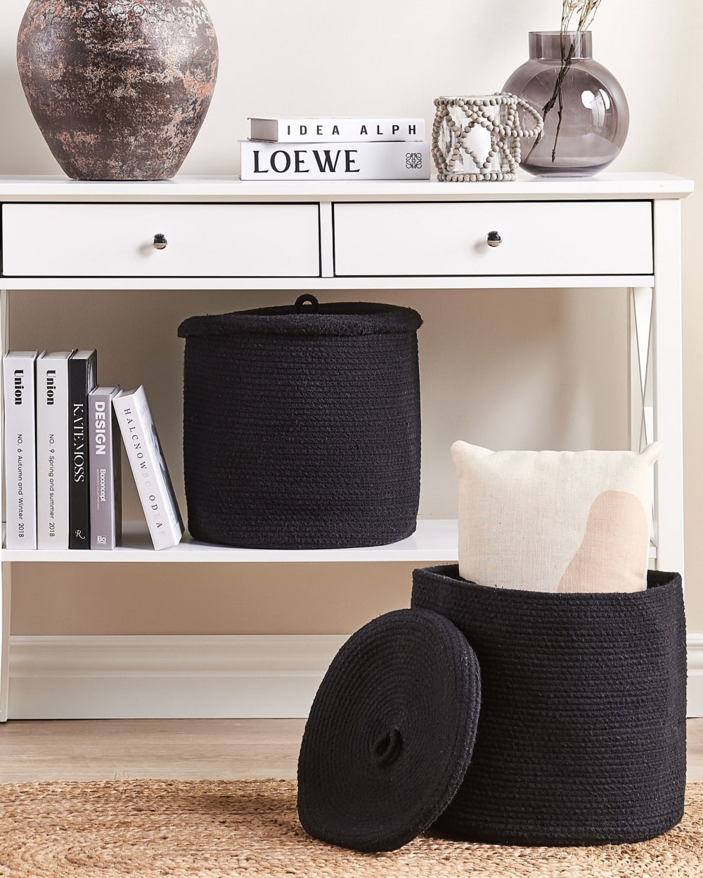 Set aus 2 Baumwollkörben mit Deckeln schwarz - Maisons Du Monde