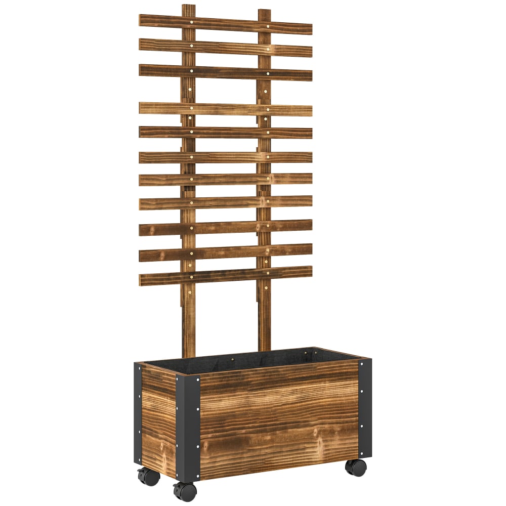 Jardinière avec treillis roulettes métal sapin traité carbonisation