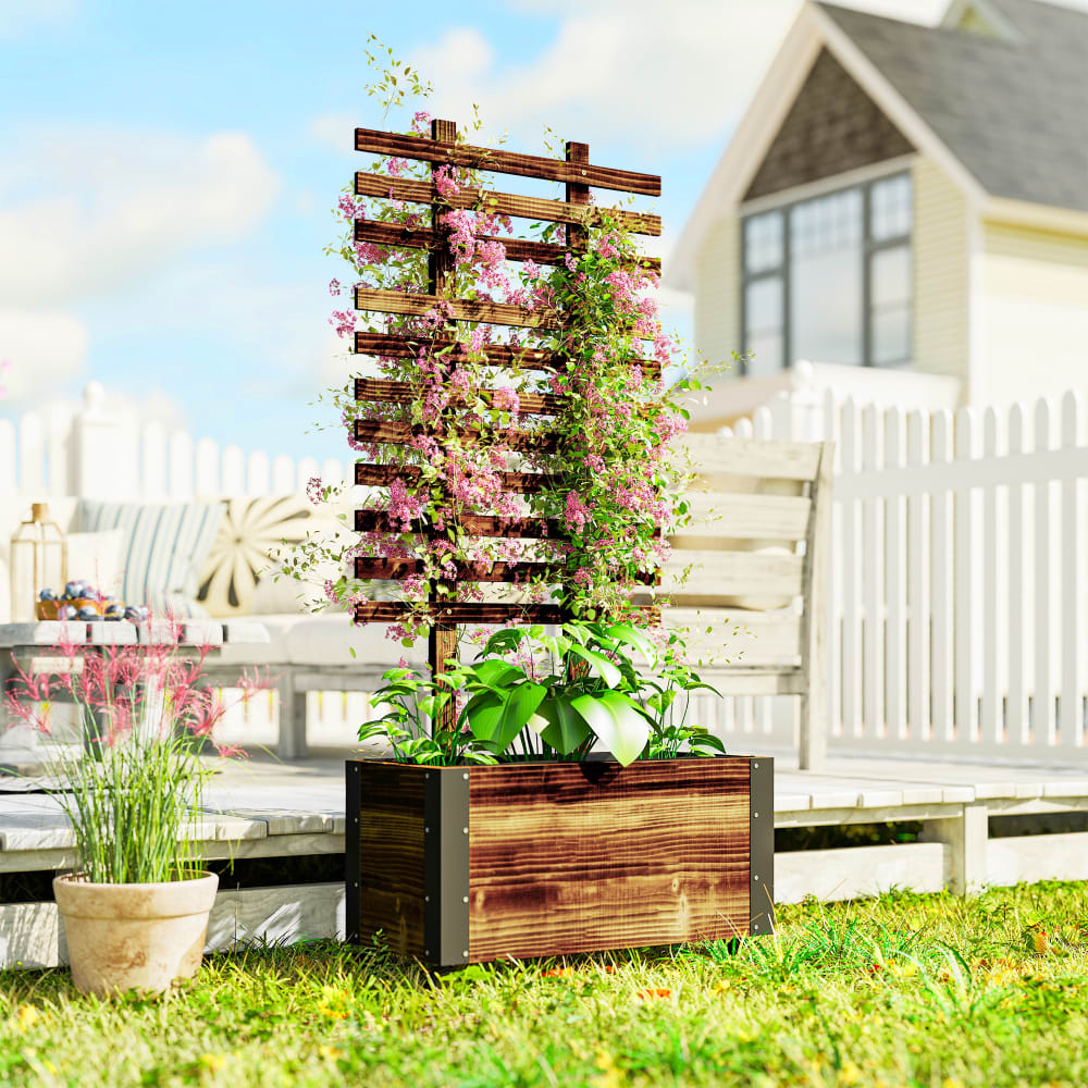 Jardinière avec treillis roulettes métal sapin traité carbonisation - Maisons du Monde