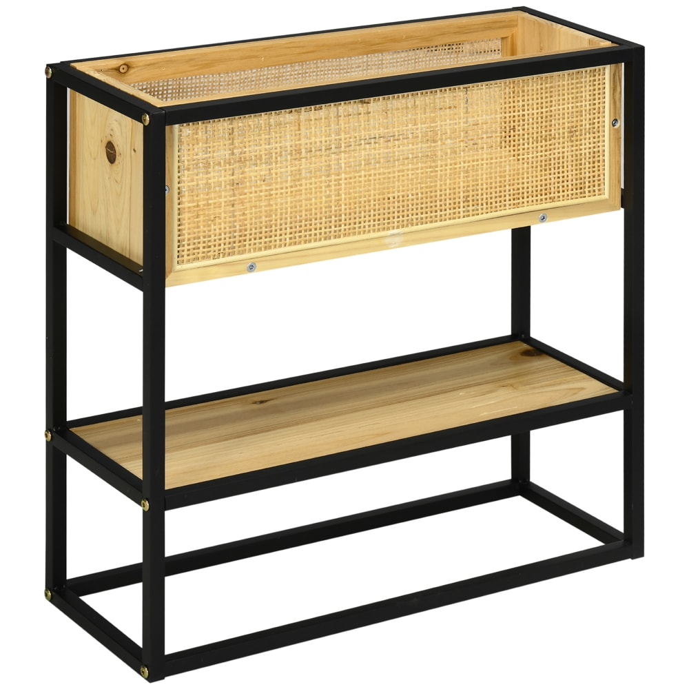 Jardinière sur pied style naturel métal noir sapin verni bambou tressé