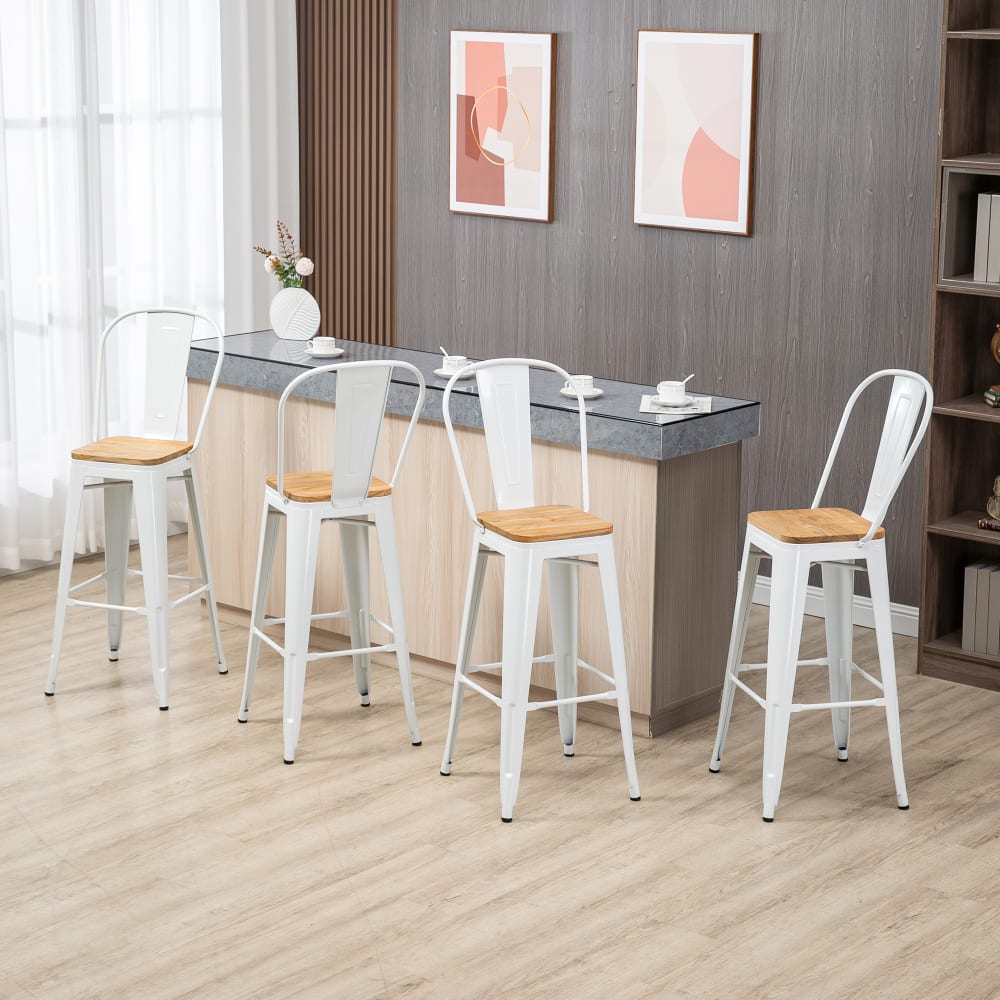 Lot de 4 tabourets de bar industriel acier crème bois d'orme