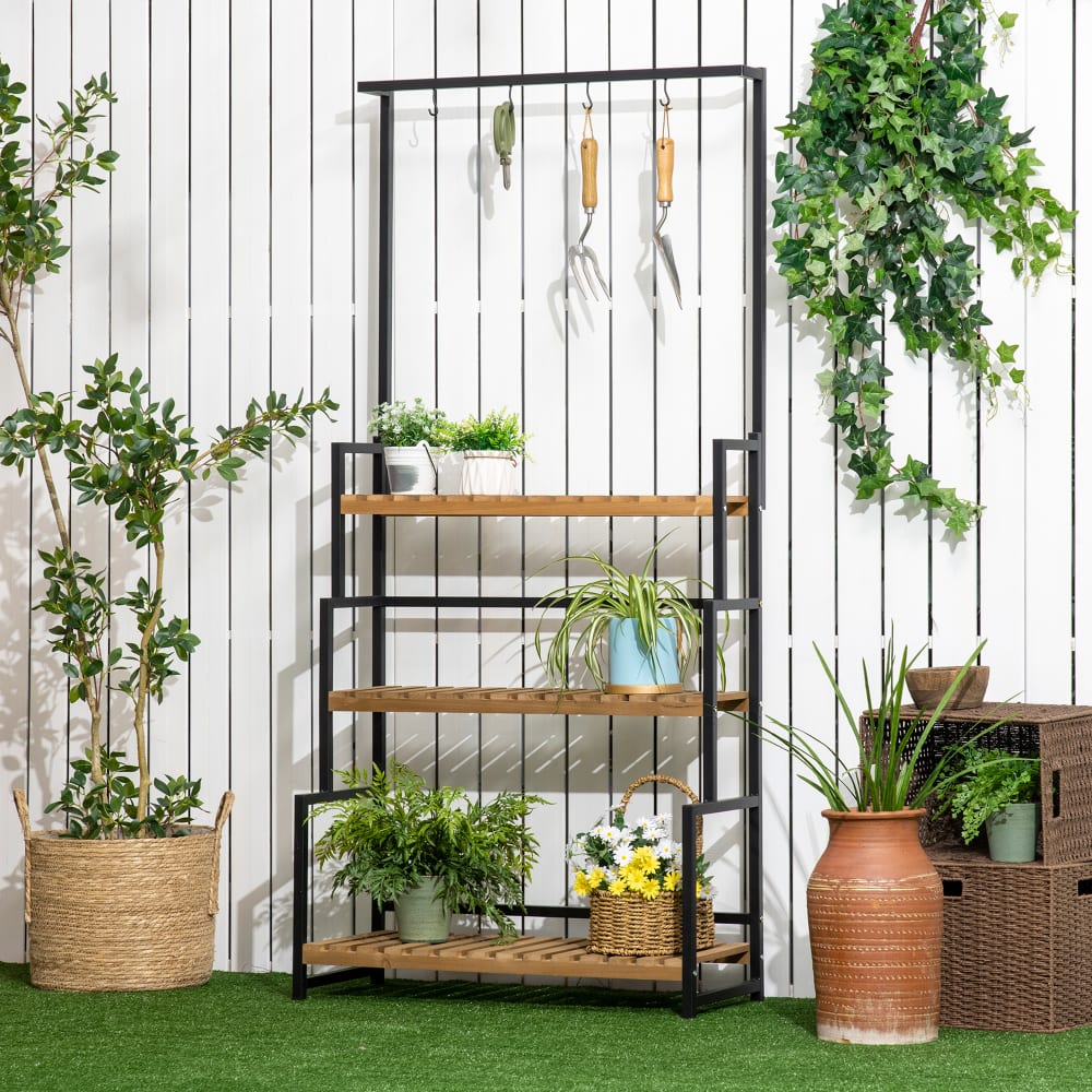 Outsunny Blumenleiterregal 3 Ebenen 4 Haken Metallschwarz & Holz style industrial Braun Holz