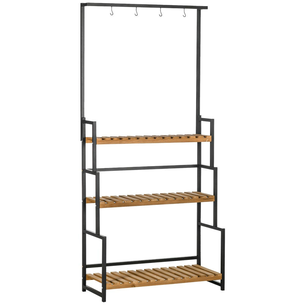 Étagère échelle à fleurs 3 étagères 4 crochets pots métal noir bois — Beyit