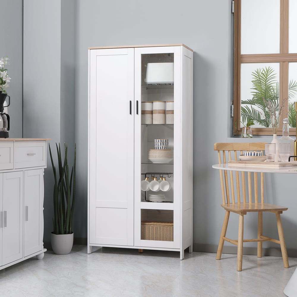 Armoire 2 portes - 7 étagères - blanc aspect chêne clair verre