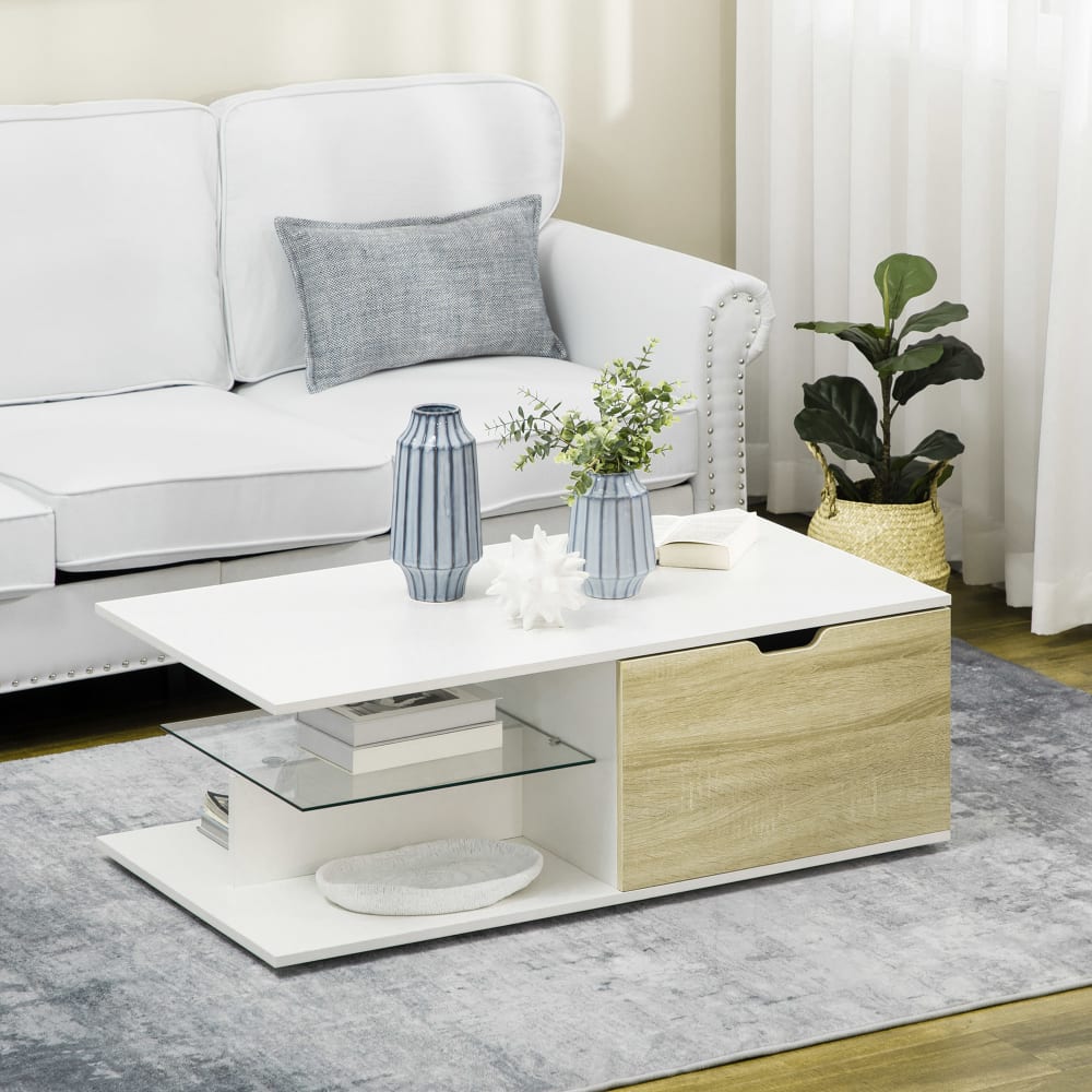 Table basse 2 tiroirs 2 niches étagère verre blanc aspect chêne clair - Maisons du Monde