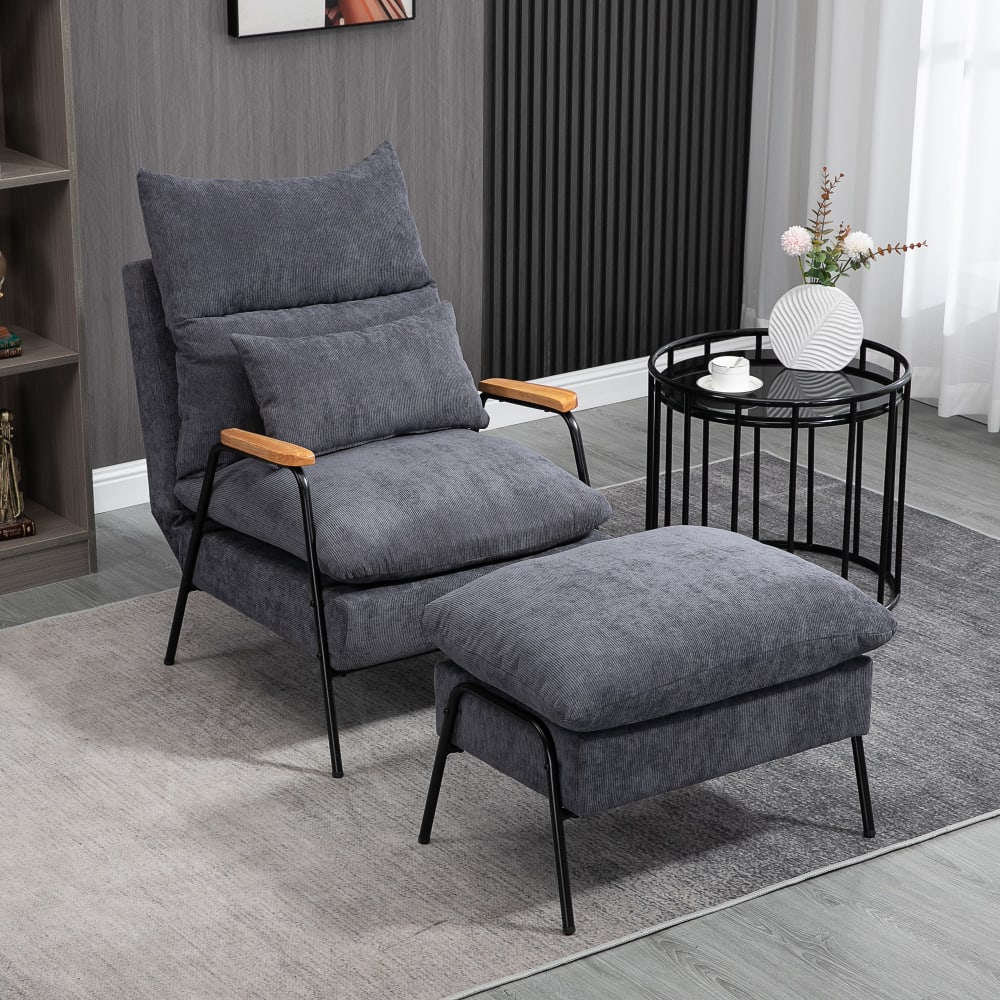 Fauteuil lounge inclinable néo-rétro repose-pied velours cotelé gris