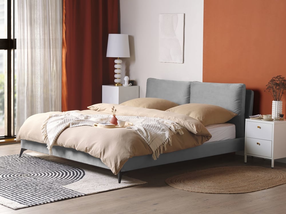 Lit double en tissu gris 180x200