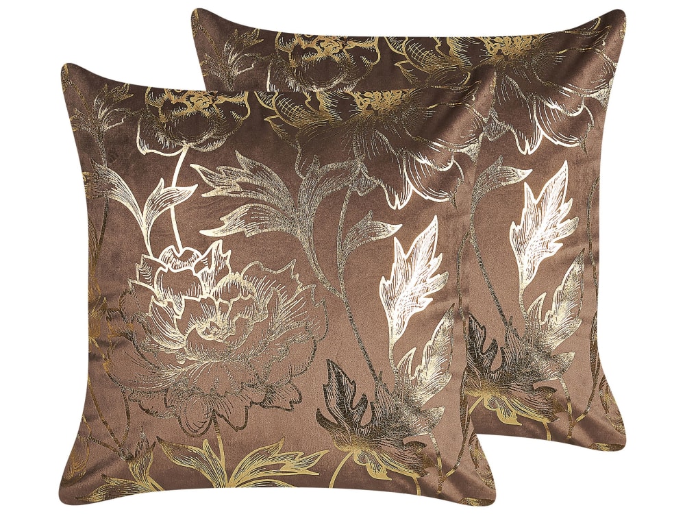 Beliani Dekokissen 2er Set 45 x 45 cm Samtstoff Braun Blumenmuster style classic chic Braun Samt