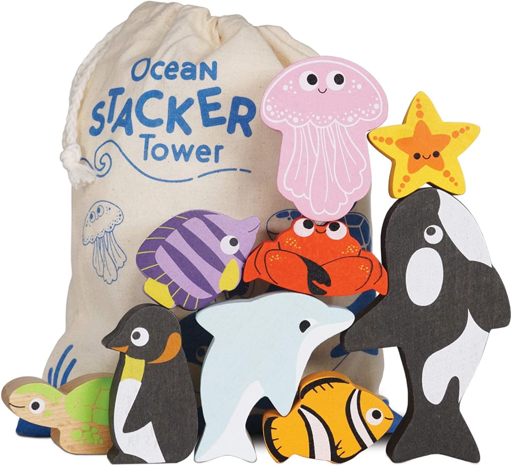 LE TOY VAN Können Sie diese kleinen Tiere stapeln, ohne dass sie fallen? Stapelspiele Meerestiere, ein Holzspielzeug von Le Toy Van. Weiß