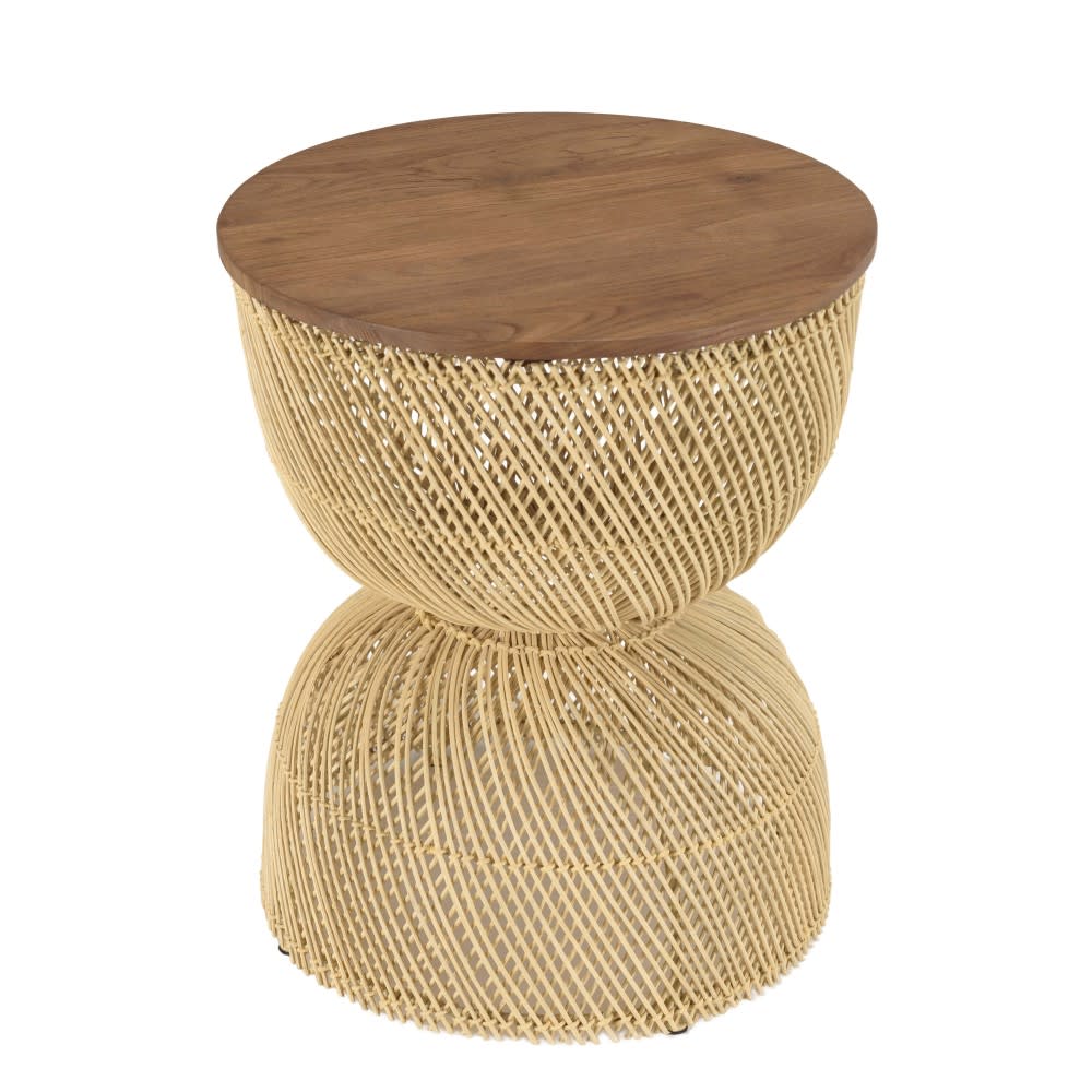 Mesa auxiliar de ratán beige con tablero de madera teca reciclada