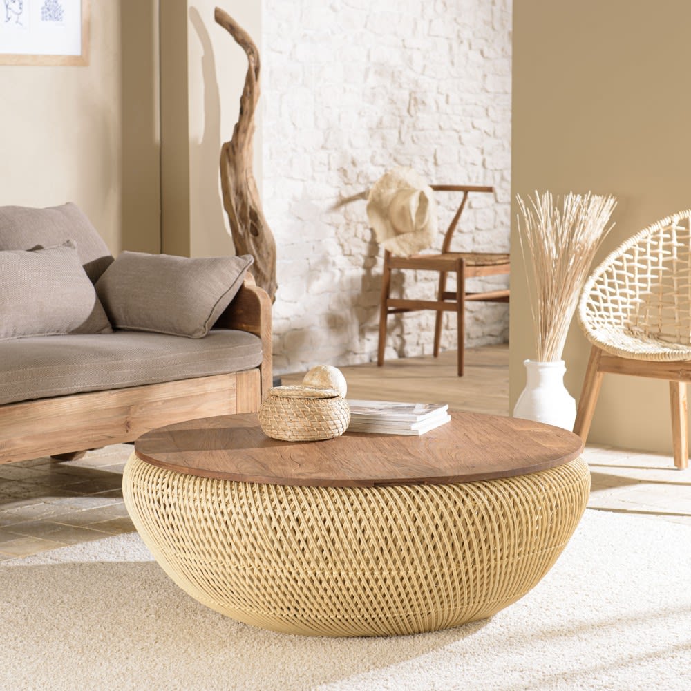 Table basse ronde en rotin beige plateau amovible d100