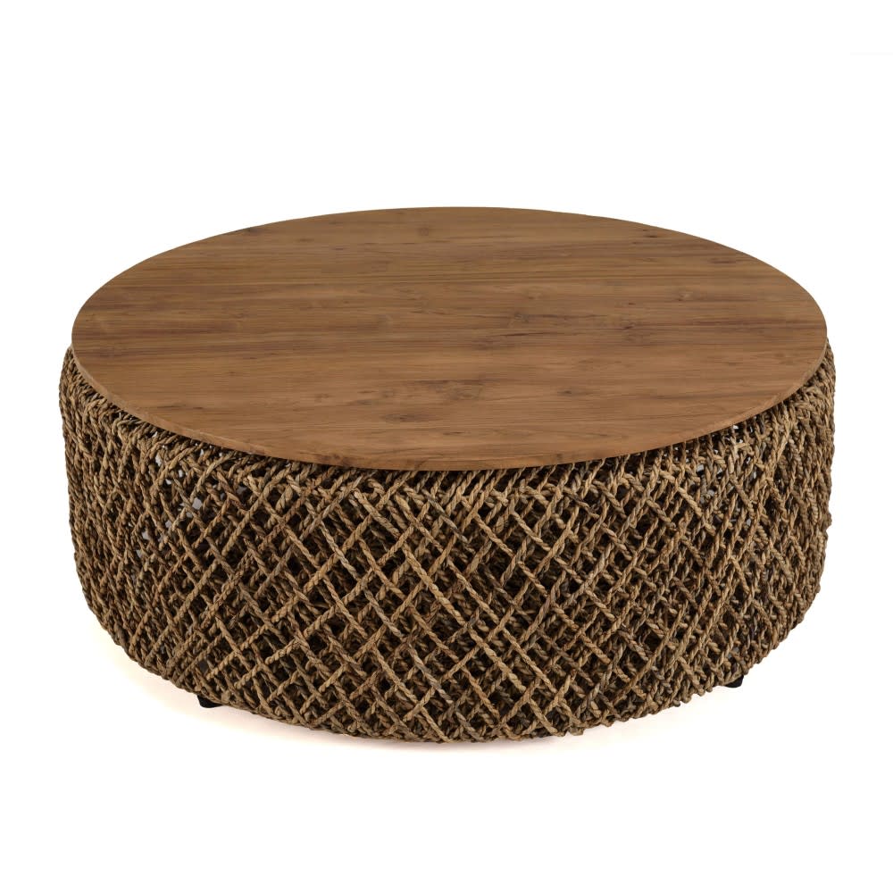 MACABANE Runder Kaffeetisch D98 aus Kokosfaser-Gewebe style exotic Braun Holz