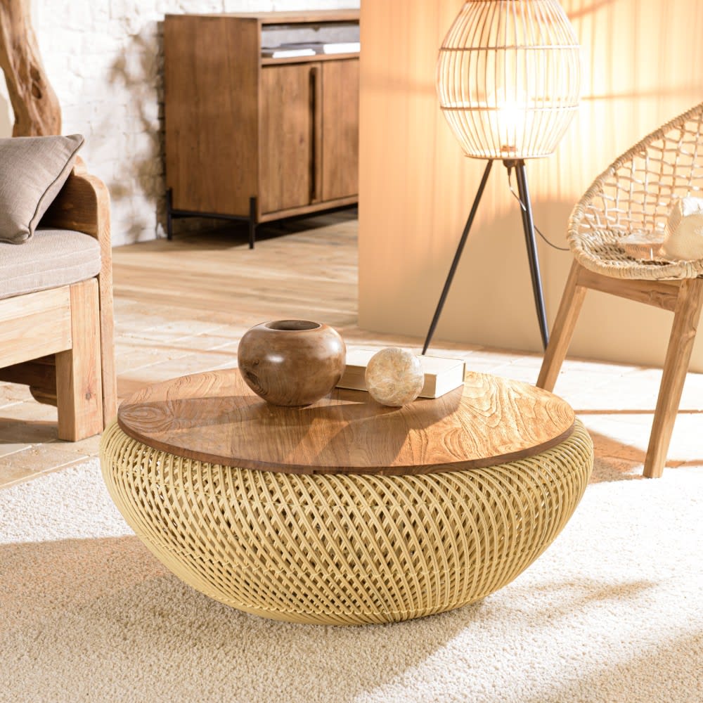 Mesa de centro redonda de ratán beige con tablero desmontable d81 - Maisons du Monde