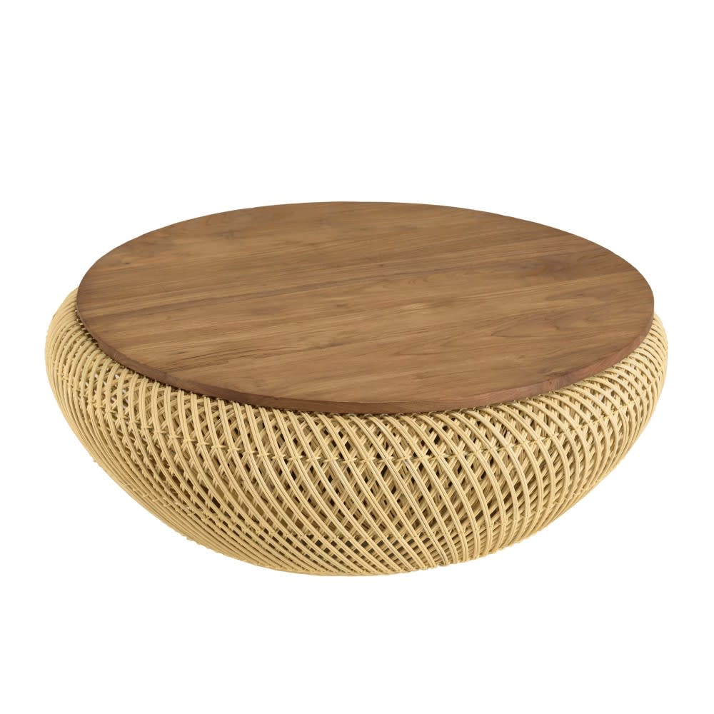 Runder Couchtisch aus Rattan mit abnehmbarem Tablett D81, beige -
