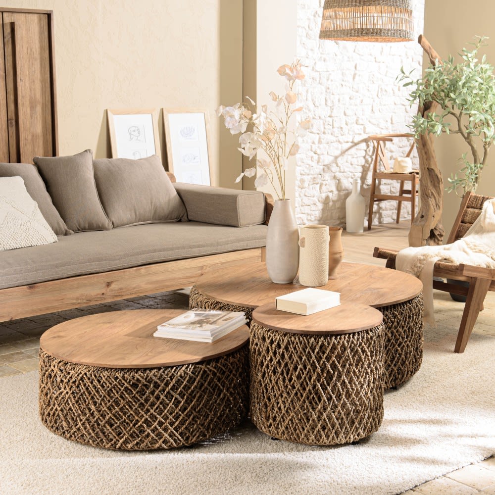 3er Set runde Couchtische aus Kokosfaser - Maisons Du Monde