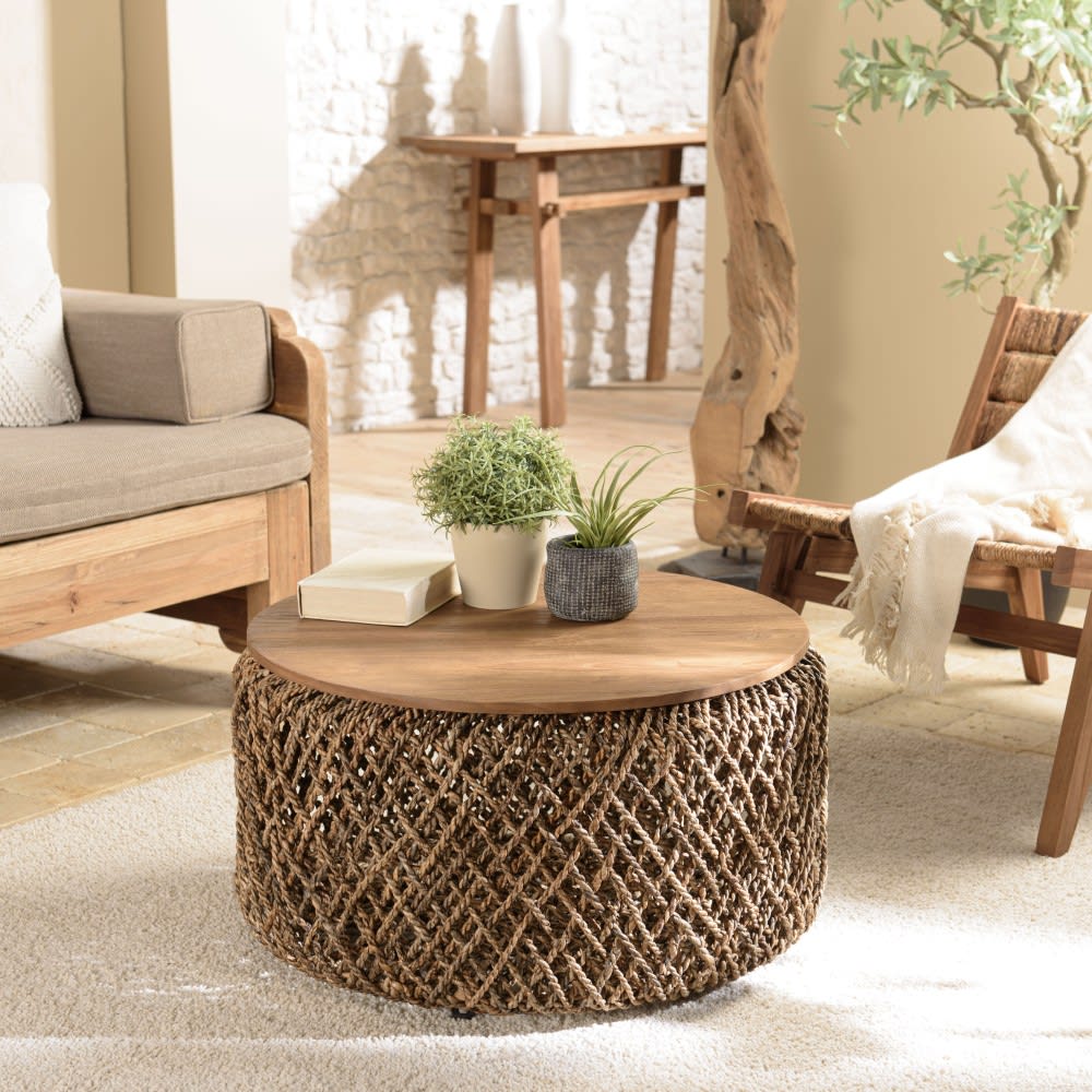 MACABANE Runder Couchtisch aus D70 Kokosfasergewebe style exotic Braun Holz