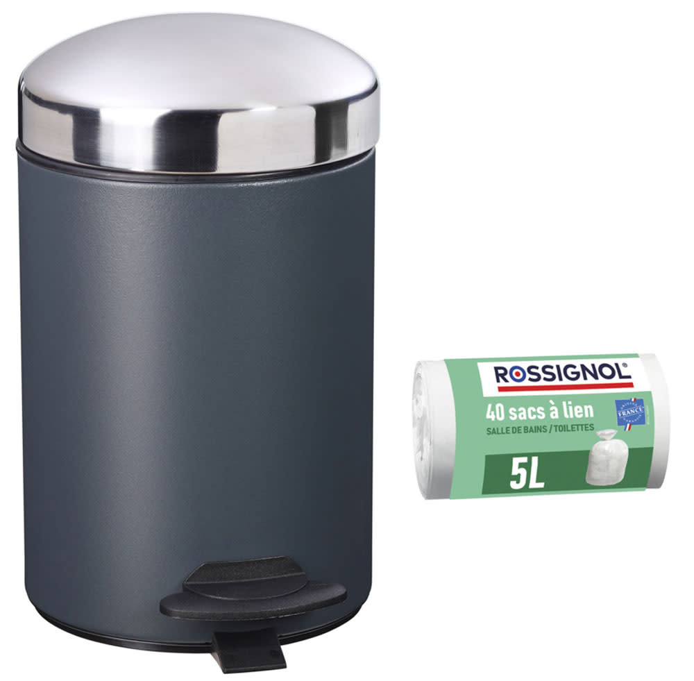 Rossignol Poubelle de salle de bain à pédale 3l et 40 sacs poubelle 5l style classique chic Gris Métal