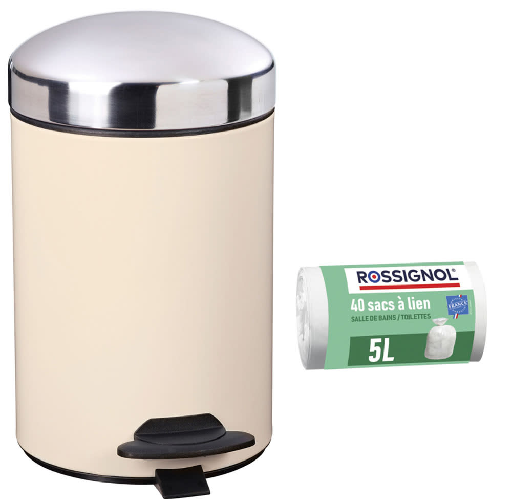 Rossignol Poubelle de salle de bain à pédale 3l et 40 sacs poubelle 5l style classique chic Beige Métal