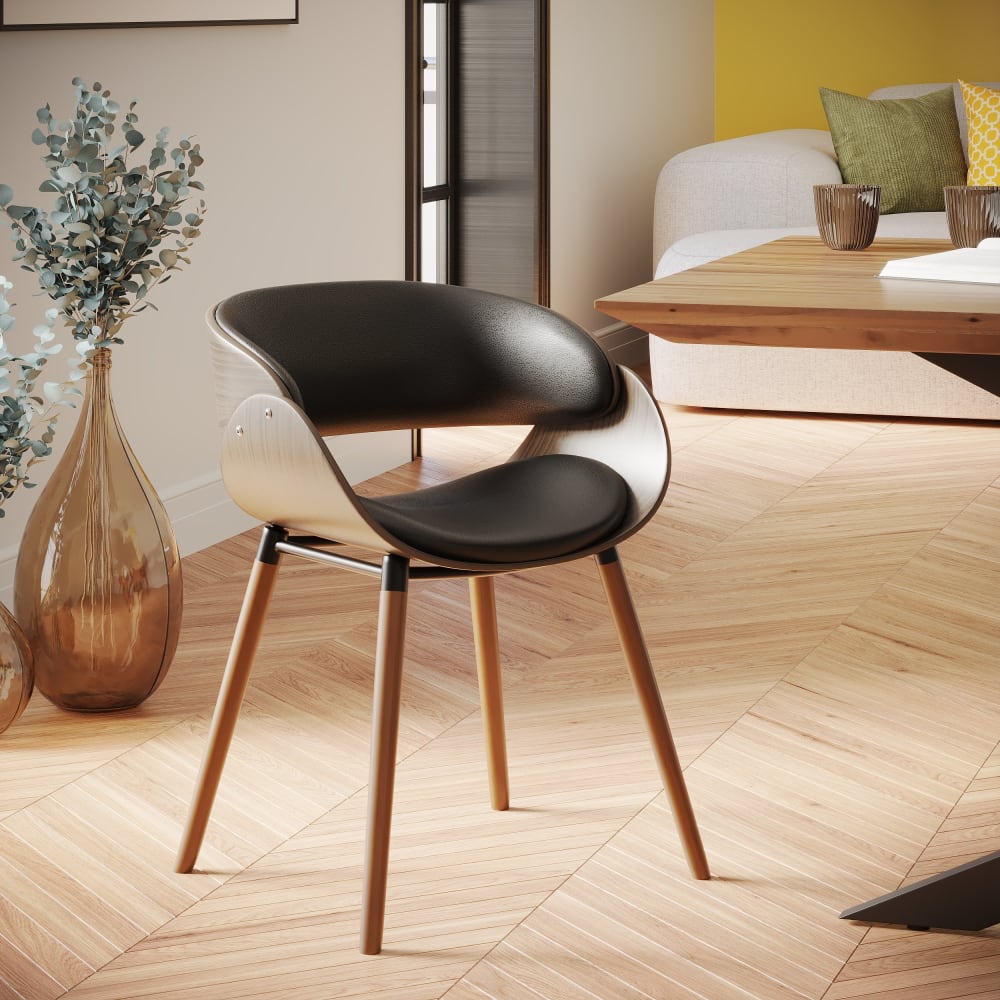 Chaise en cuir synthétique noir et bois plaqué noyer