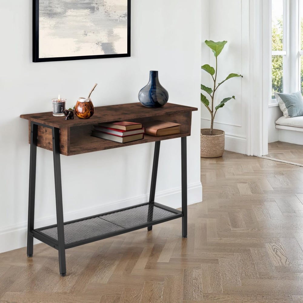 Table console style industriel 100 x 35 x 80,5 cm bois foncé