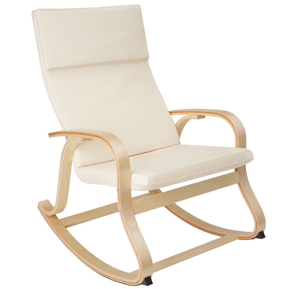 Poltrona a dondolo in legno con braccioli e cuscino beige -