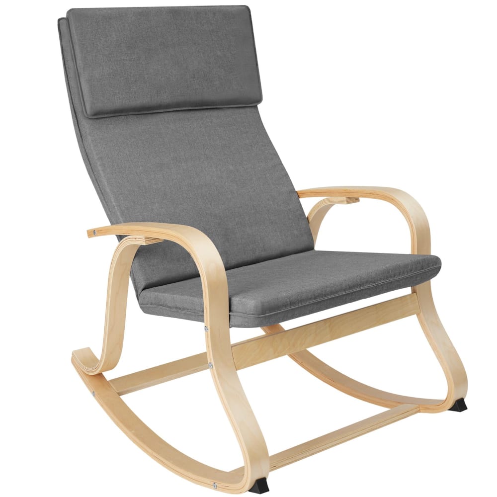 Fauteuil à bascule cadre bois rembourrage épais et coussin gris clair