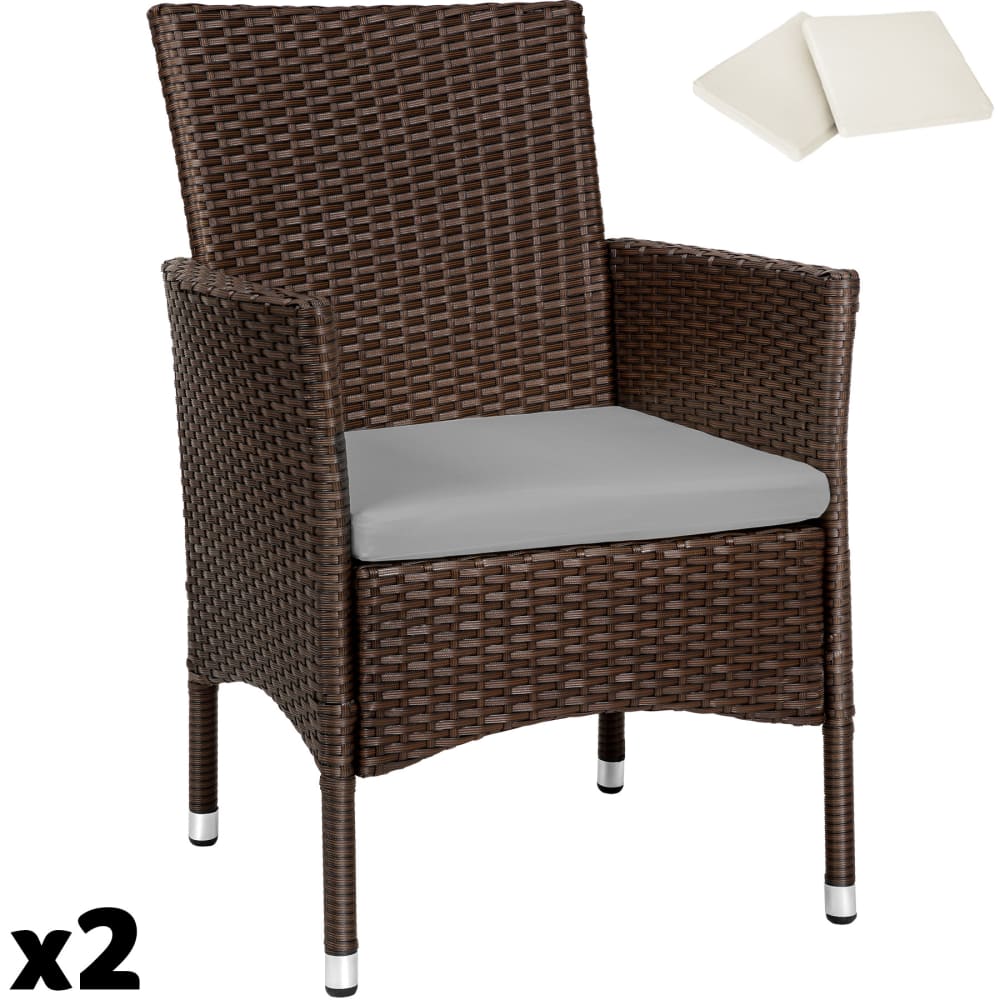 Lot de 2 fauteuils de jardin en rotin 2 sets housses marron/beige
