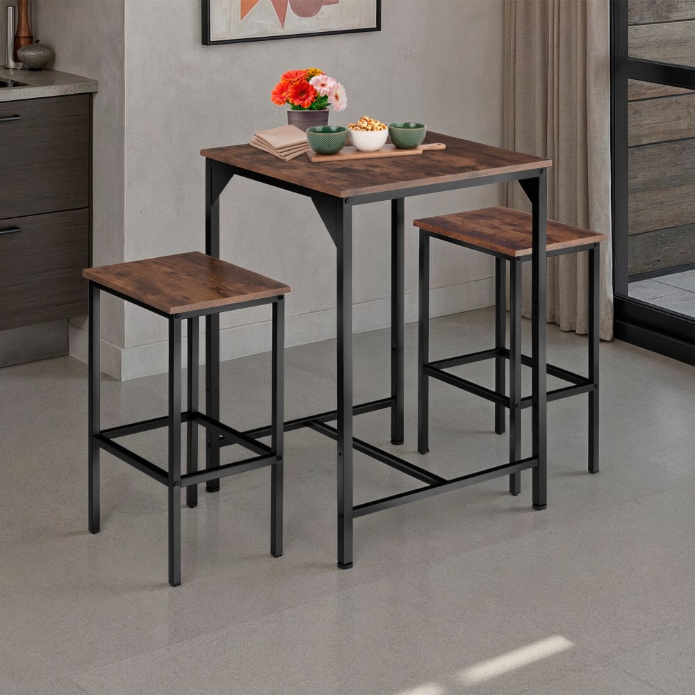 Lot de bar 3 parties table tabourets en panneau aggloméré bois foncé