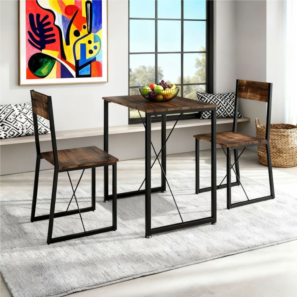 Set di sedie e tavolino 3 pezzi in acciaio e legno scuro - Marrone - Pannello di particelle