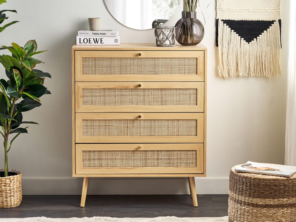 Commode à 4 tiroirs rotin marron clair