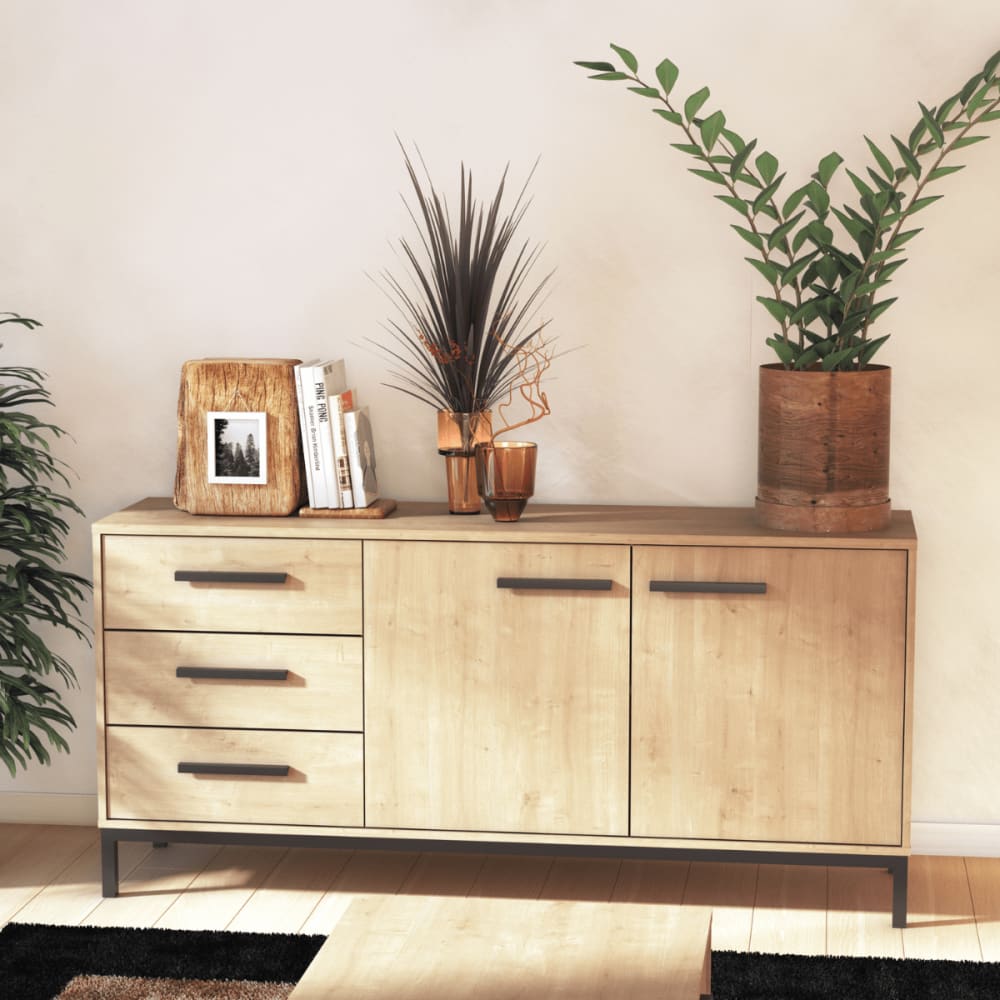 Buffet 2 portes et 3 tiroirs décor chêne et noir mat