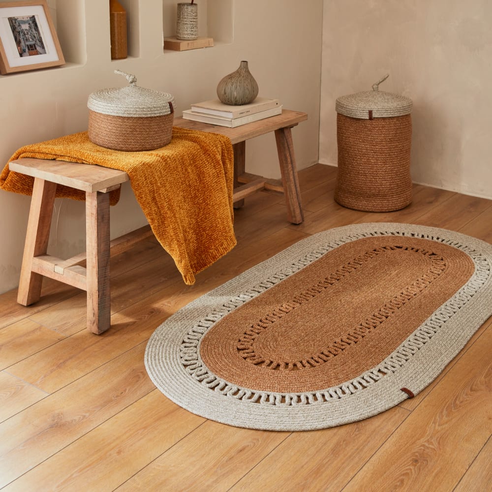 Tapis bicolore aspect jute fait main motif découpé gris - 80x300 - Maisons du Monde