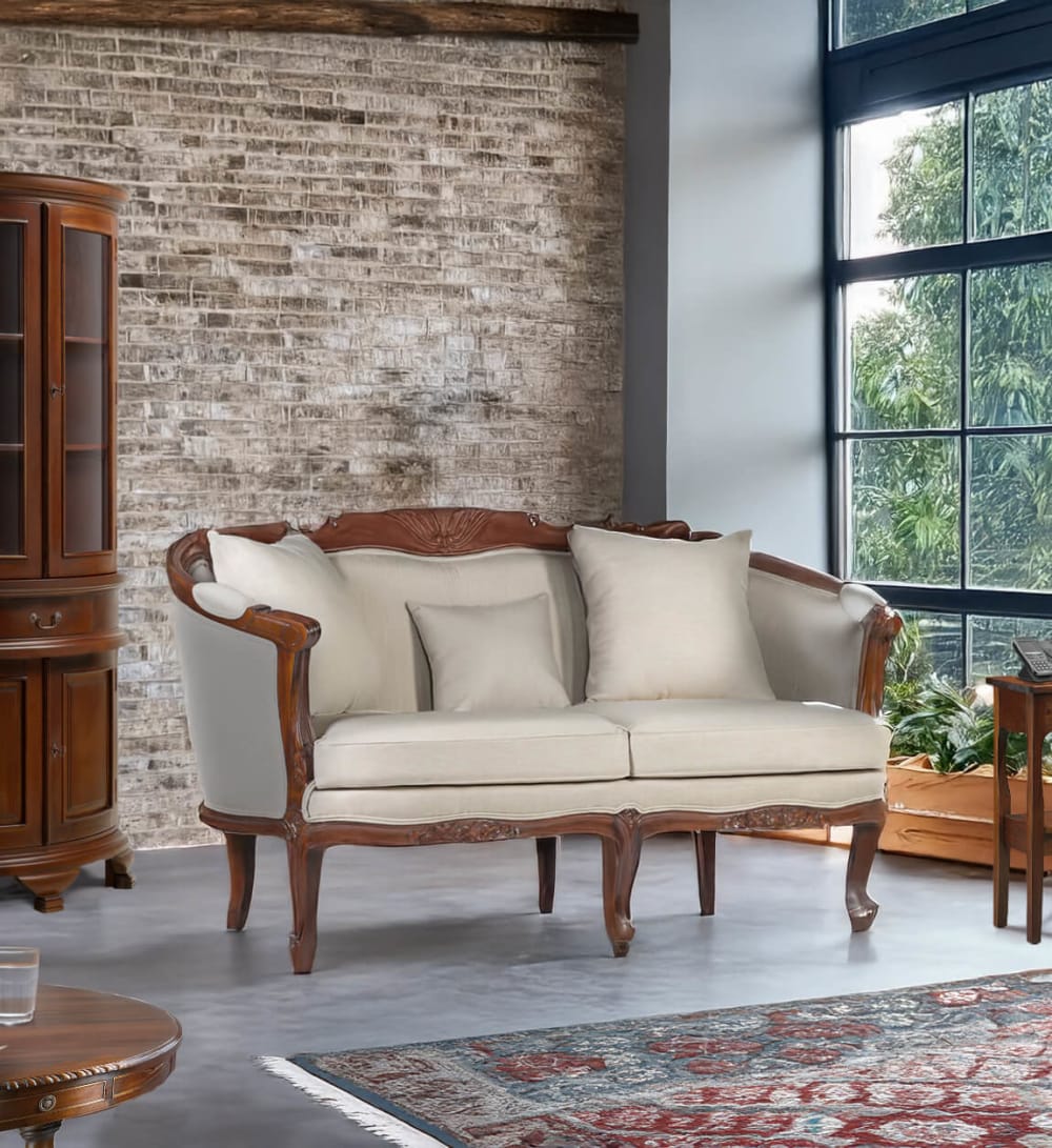 Divano 2 posti in legno marrone e rivestimento beige L 160 cm -