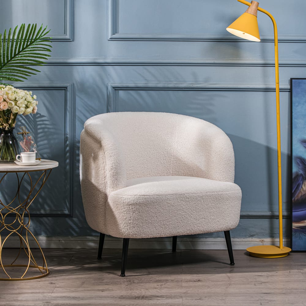 Fauteuil de salon en métal et bouclette blanche