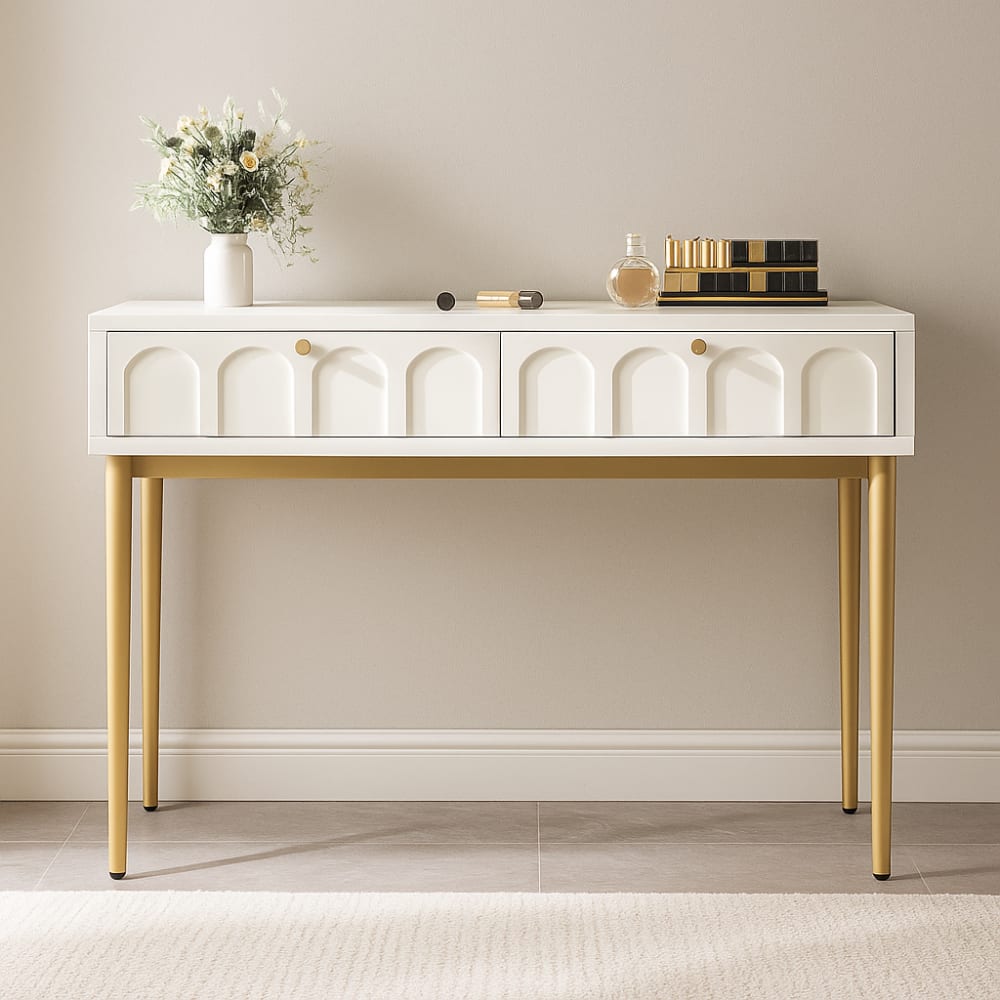 Tavolino bianco con gambe e cassetti dorati - Urban Meuble