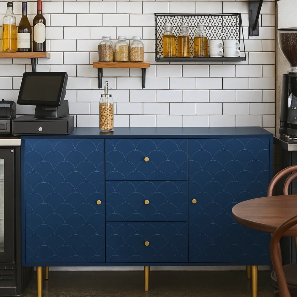 Mueble de cocina bajo azul tallado con almacenamiento - Maisons du Monde