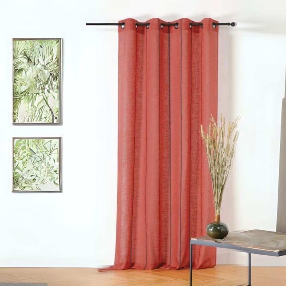 Linder Voilage aux fines rayures noires poly-lin orange corail 145x260 cm style contemporain - Pes - Polyester