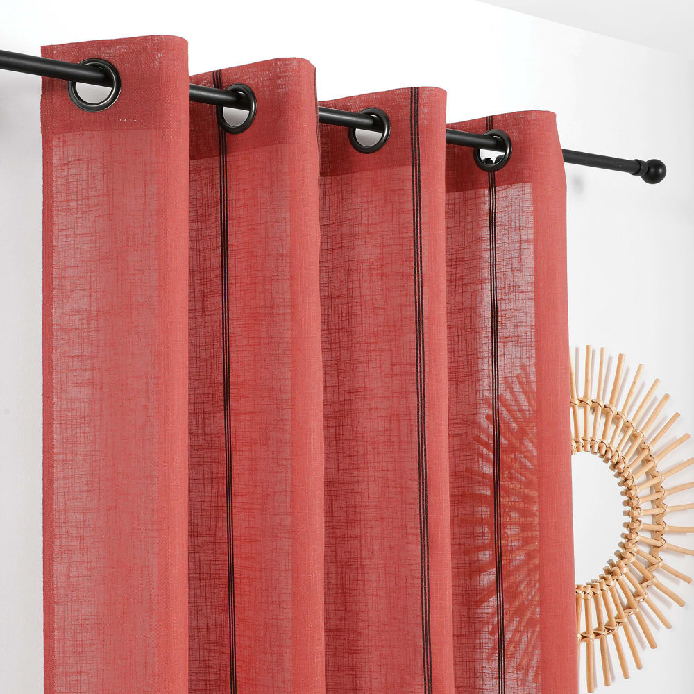 Voilage aux fines rayures noires poly-lin orange corail 145x260 cm - Maisons du Monde