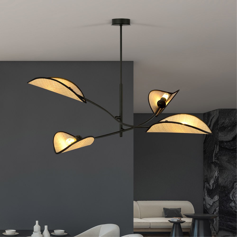 4 Lichtern schwarze Pendelleuchte mit blattförmigen