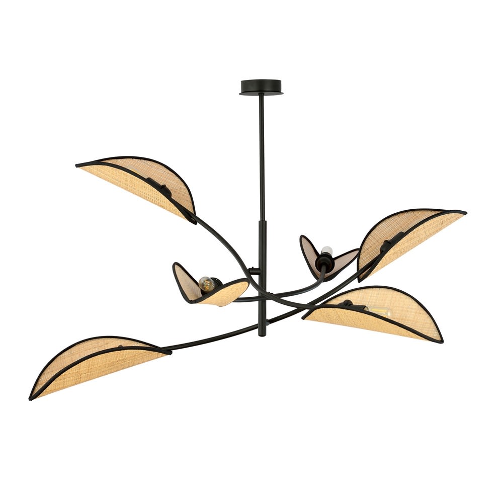 Wonderlamp Rattan Kronleuchter mit 6 Lichtern und blattförmigen Lampenschirmen style landhaus Schwarz Stoff