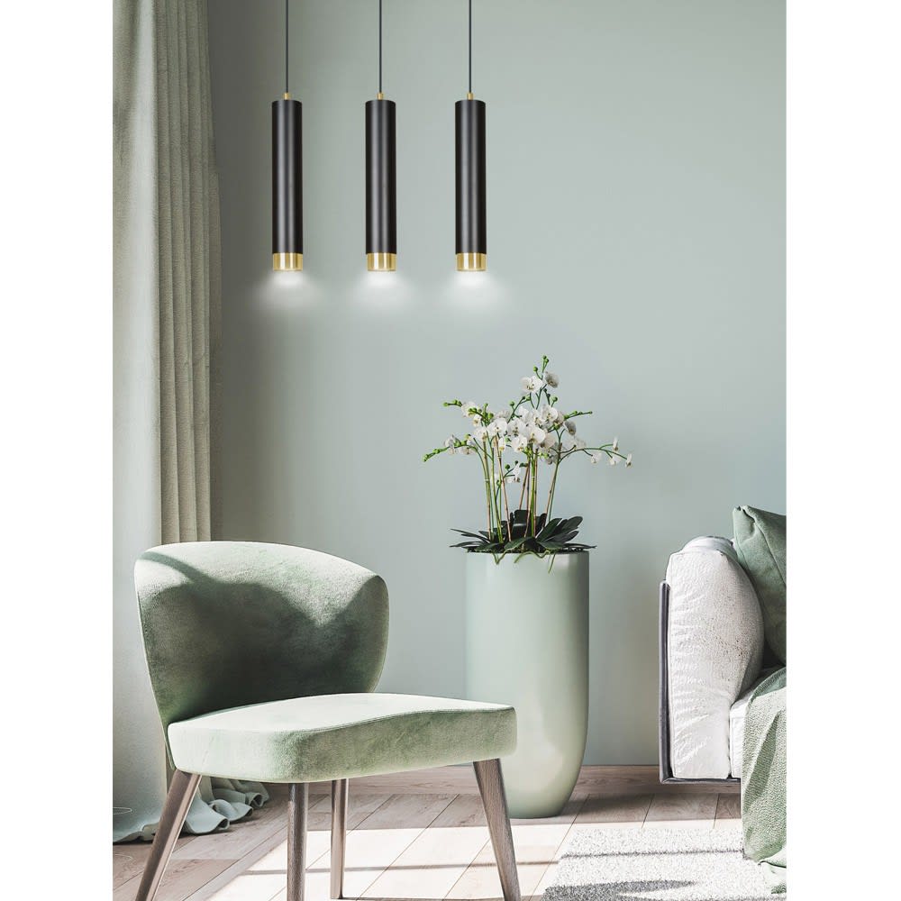 Suspension élégante à 3 lumières cylindriques noires et dorées — vue 3