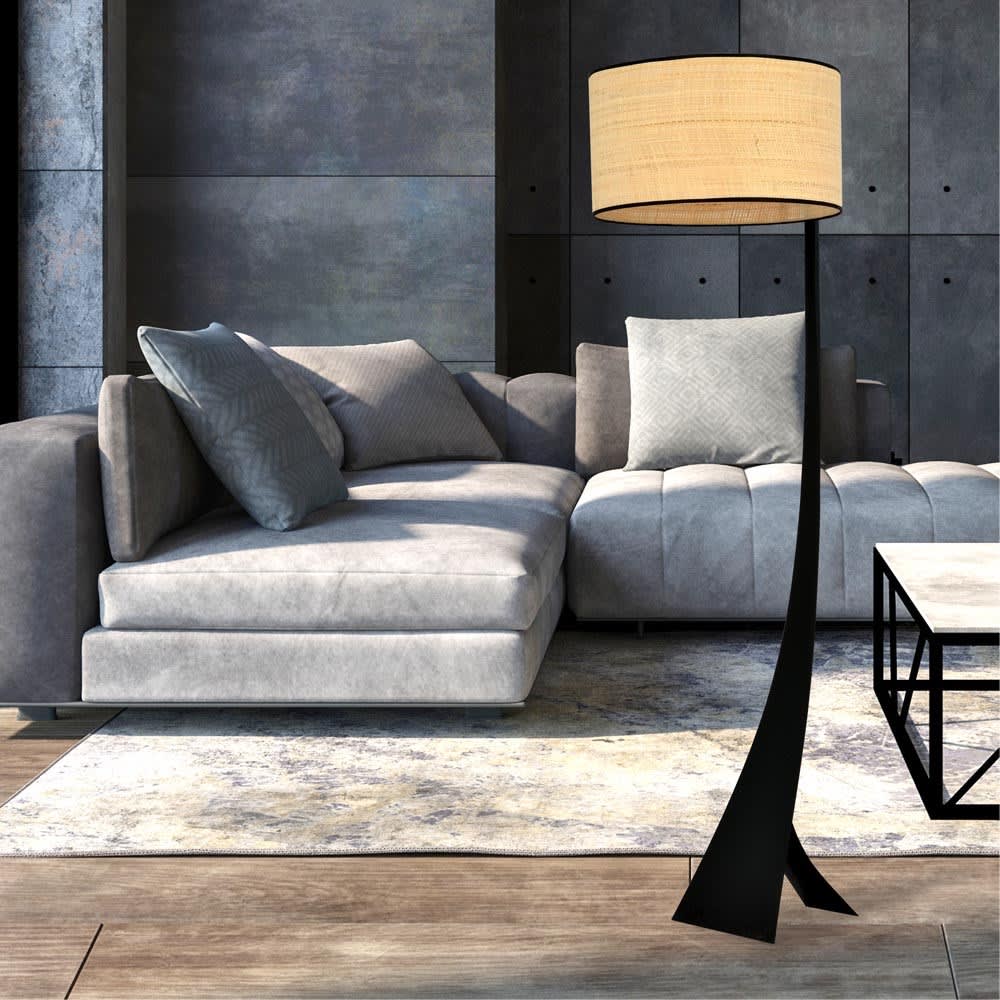 Lampadaire naturel avec structure noire et abat-jour en rotin - Maisons du Monde
